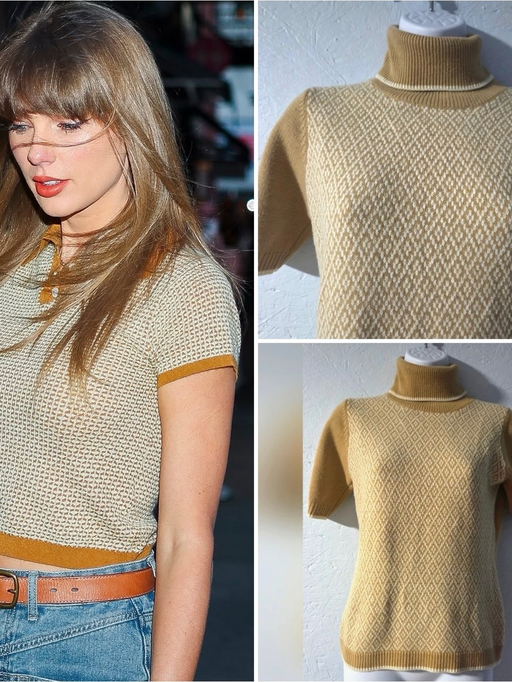 Preppy Argyle Knit Turtleneck Short Sleeve Sweater Light Academia Ribbed Collar
